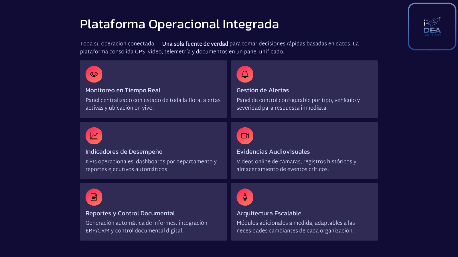 Lámina de plataforma operacional integrada con monitoreo, alertas, indicadores, evidencias y reportes.